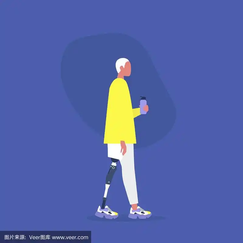 年轻男性角色的下肢假肢拿着一个水瓶,现代残疾人,新技术