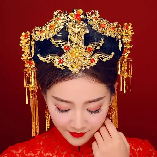 中式秀禾服头饰发饰套装复古凤冠龙凤褂古代头饰新娘头饰大气凤冠步摇