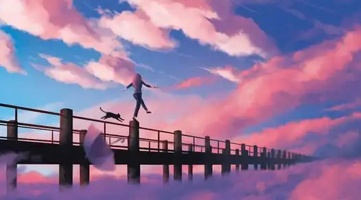 踩在桥墩上行走的少女和她的黑猫唯美动漫壁纸图片