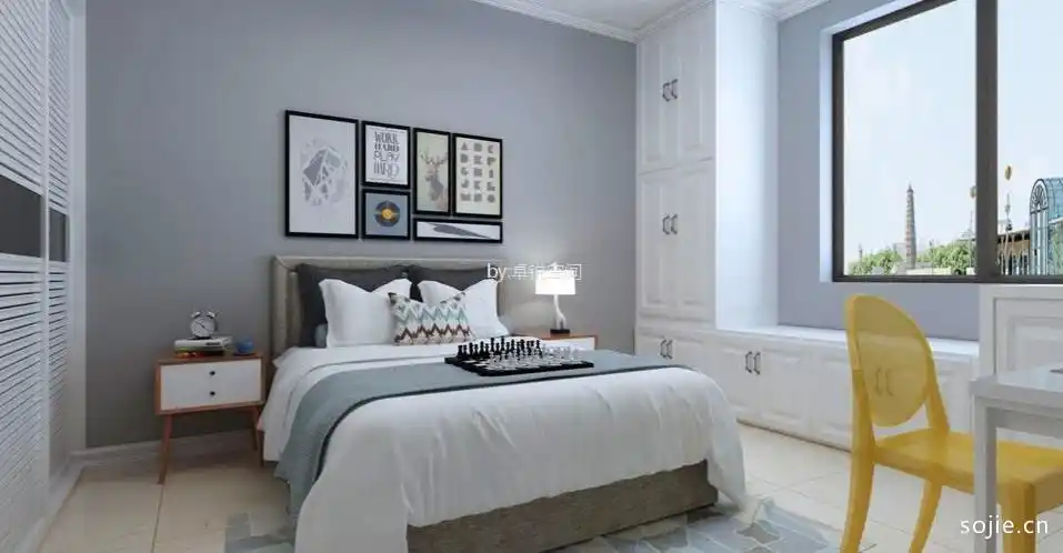 这个卧室主要的颜色就是紫色与白色,虽然紫色看起来较为厚重,但是因为