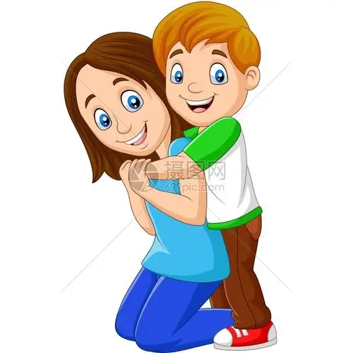 快乐卡通男孩拥抱她的母亲