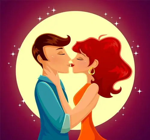 人物设计矢量素材月光星光卡通情侣亲吻接吻爱情情人节年轻男女浪漫