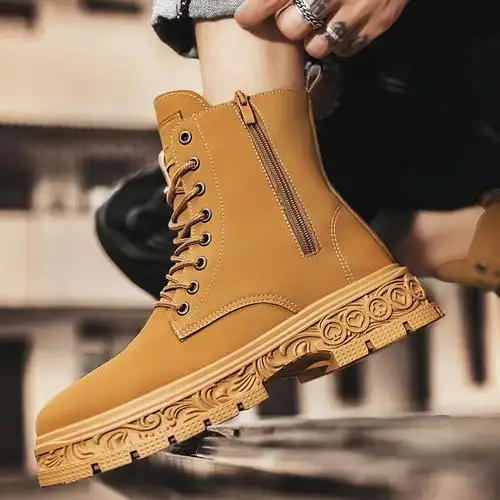 马丁靴男高帮大黄靴雕花潮流个性百搭机车短靴复古潮流工装男靴子
