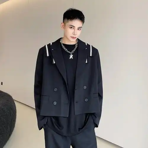 秋装ins痞帅工装设计感西服男韩版轻熟风双排扣短西装外套发型师