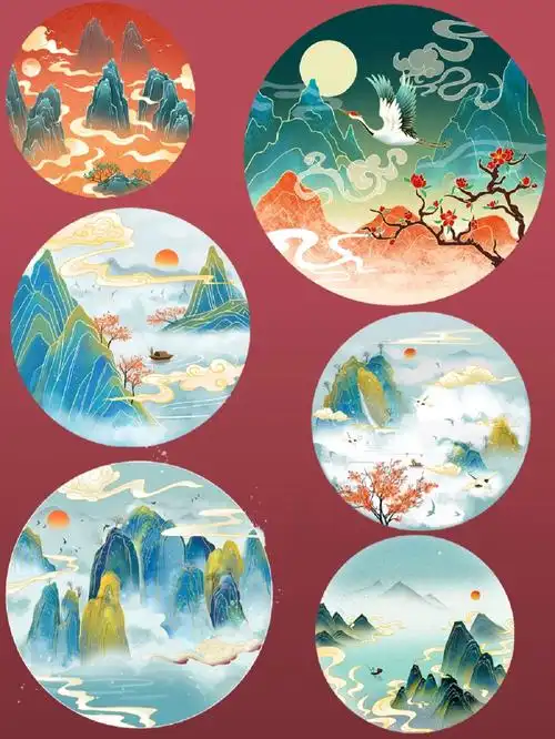 素材分享圆形插画国潮山水素材抽象系列