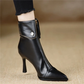 品牌手工女鞋83cm新款细跟高跟前拉链短靴尖头头层牛皮黑色女黑色单里