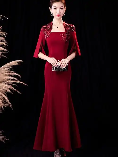 宴会晚礼服女2021新款爆款气质优雅高贵红色婚宴妈妈装主持鱼尾裙