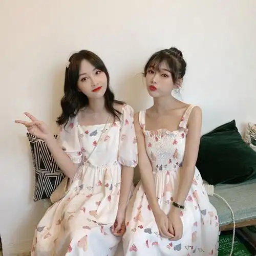 初中生高中生春秋季初恋甜美女小清新吊带裙子碎花学院闺蜜装可甜可盐