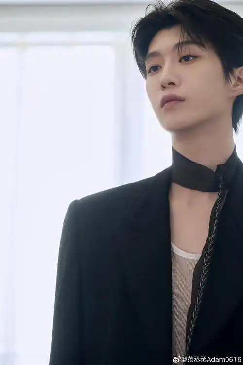 范丞丞黑色西装黑领带白色透视内搭造型