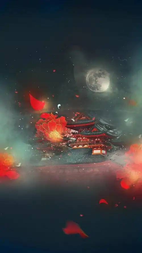 当前素材宫廷古风花瓣飞舞夜空下h5背景