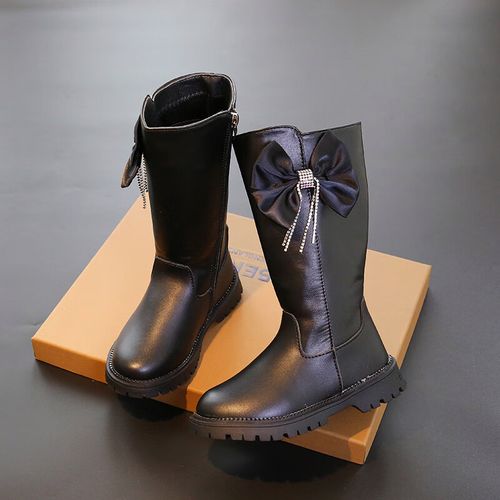 弹力瘦瘦马丁靴蝴蝶结中大童英伦单靴公主时装长靴 黑色 偏小买大一码