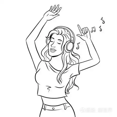 女孩听音乐和跳舞着色书载体插画-正版商用图片0bv1ve-摄图新视界