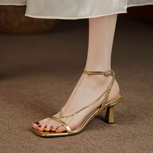 一字扣带金色高跟凉鞋女细跟2023新款夏季真皮细带露趾法式小跟鞋