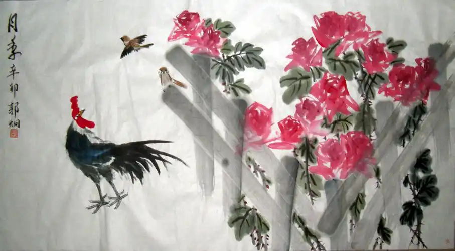 吧  快来 送你画一扉 公鸡扭头望 雀儿在飞翔 香水红月季 芬芳满天飞