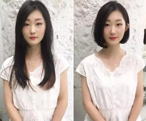 剪短发前后对比look7