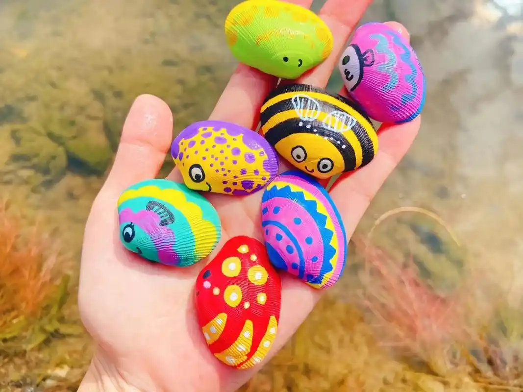 吃完的花蛤壳不要扔,留着带娃做手工吧 我和孩子一下午的成果,孩子可