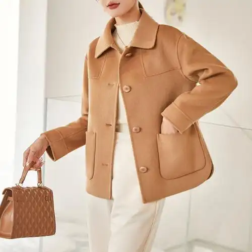 2021秋冬新款短款毛呢外套休闲简约双面呢大衣小个子单排扣外套女