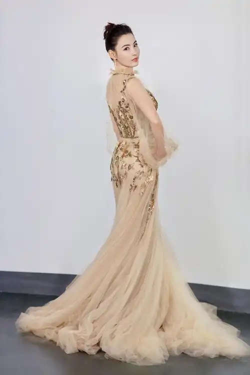 张柏芝穿金色薄纱仙花裙 大秀香肩雪肤仙气十足