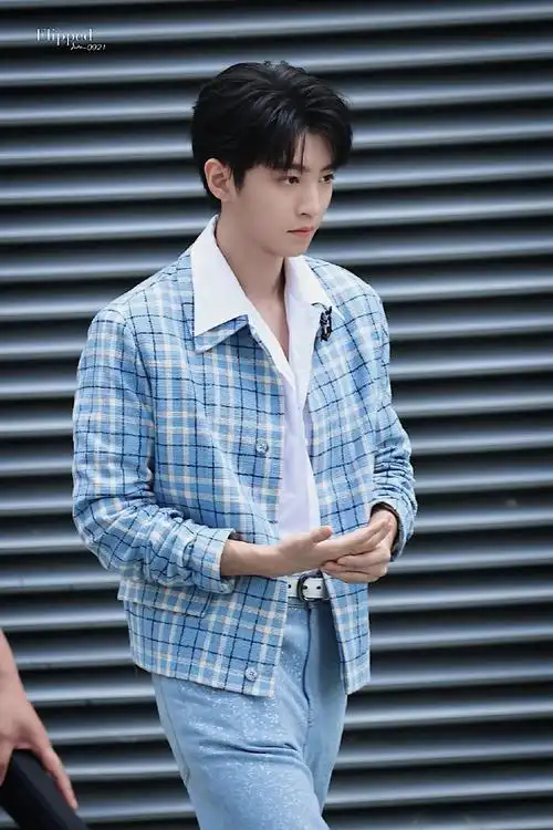 王俊凯蓝色格纹v领西装