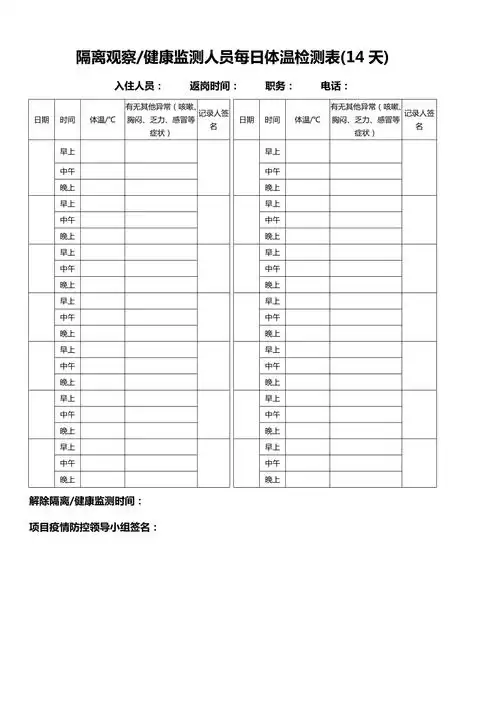 隔离观察健康监测人员每日体温检测表14天