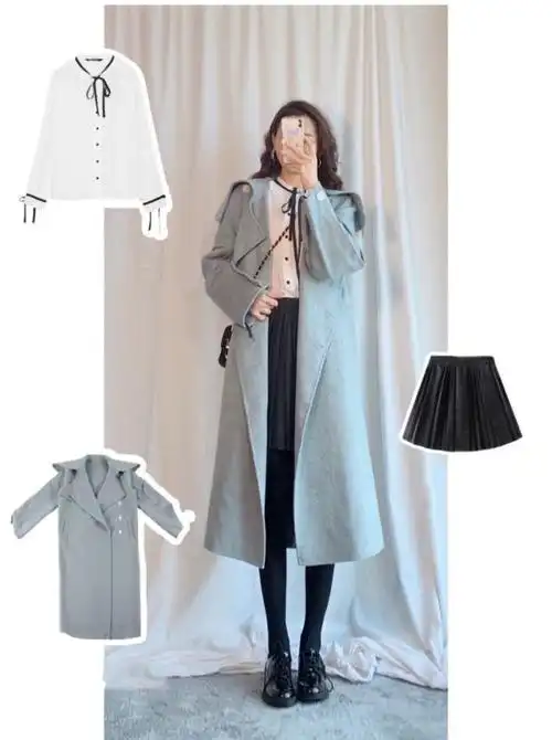 蓝色长款大衣这样穿不同内搭不同风格