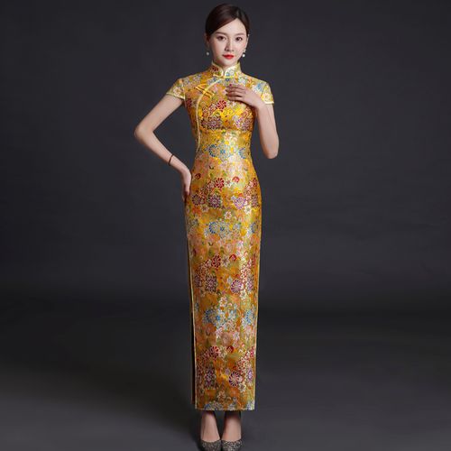 中式改良旗袍长款复古优雅碎花模特舞台走秀演出服锦缎修身旗袍