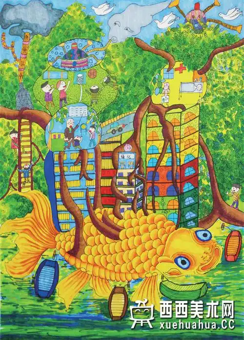 二等奖小学生获奖科幻画《鱼背上的家》欣赏