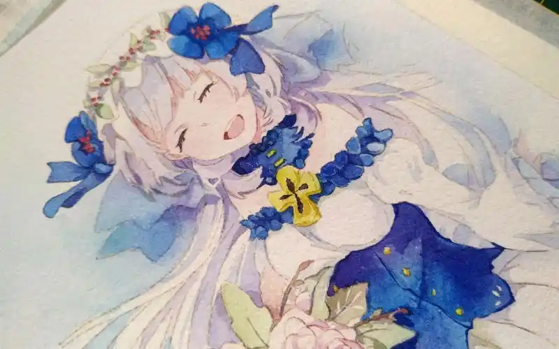 二次元系列美丽笑容小姑娘手绘水彩绘画过程