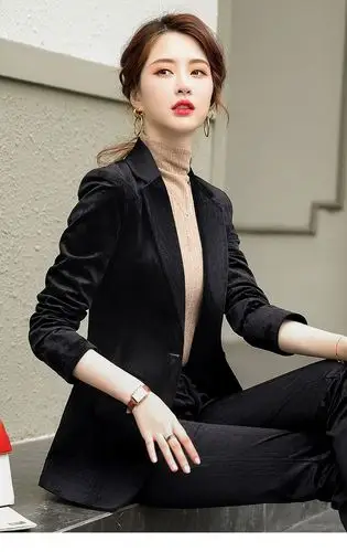 品牌直营黑色灯芯绒西装外套女秋冬气质修身时尚职业装高端金丝绒西服