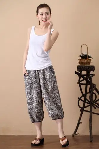民族风女装新款夏季休闲七分裤灯笼裤棉麻花布裤子大码松紧腰
