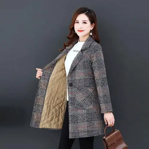 中年女格子毛呢外套中长款大码女装春秋冬上衣时尚韩版呢子风衣