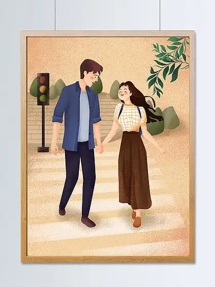 情侣牵手逛街温馨原创插画海报