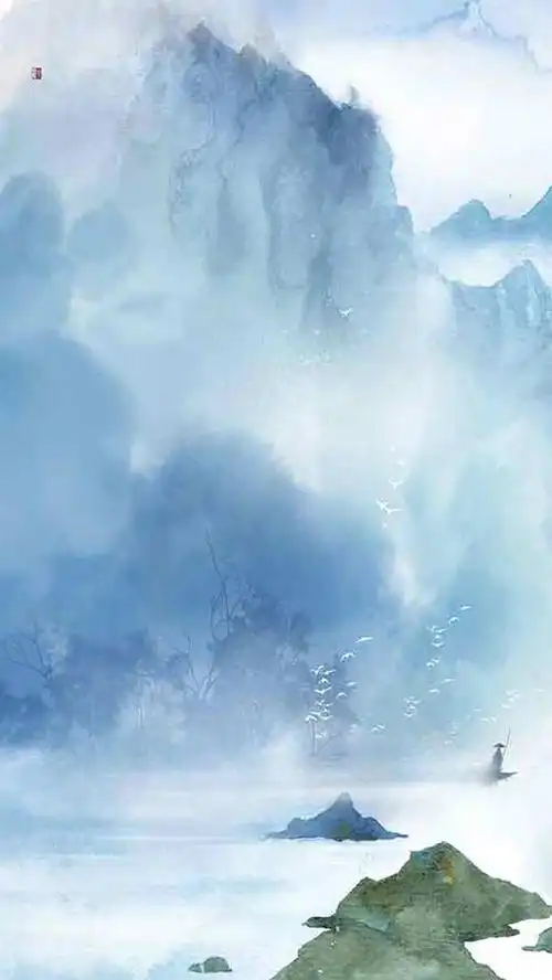 水彩背景蓝色背景山水背景手绘h5背景