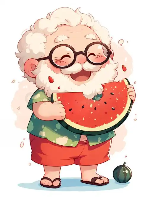 慈祥的老爷爷吃西瓜卡通插画
