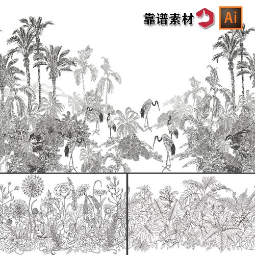 黑白线条线稿线描素描手绘春夏植物树木花菜ai矢量设计素材