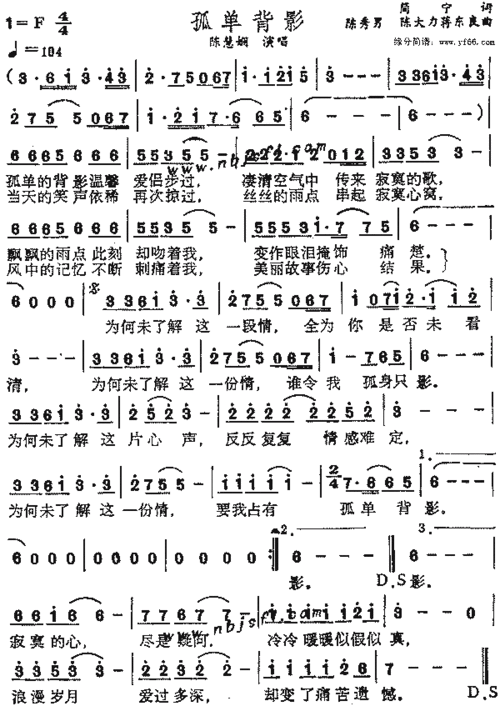 陈慧娴孤单背影简谱,陈慧娴孤单背影歌谱,陈慧娴孤单背影歌词,曲谱