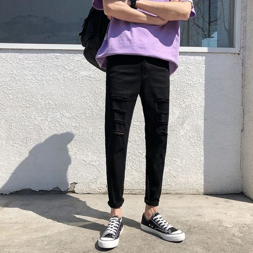 卡度顿les小码男裤黑色弹力紧身裤男26码27码瘦人男生多破洞牛仔裤9分