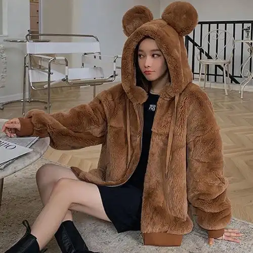 秋冬季新款仿獭兔毛可爱连帽耳朵皮草外套女宽松毛毛绒大衣中长款