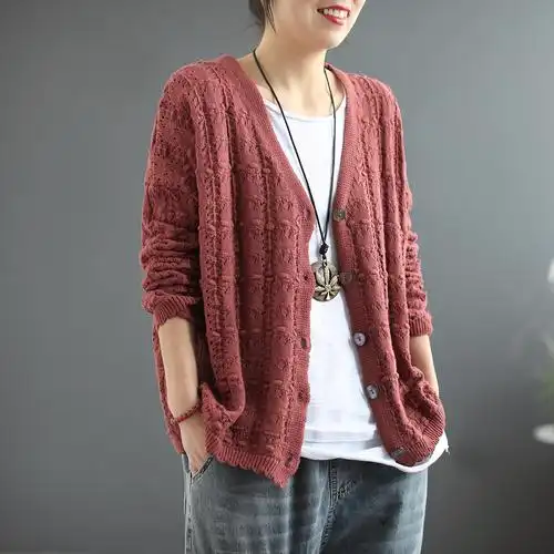 春装领针针织开衫外套短款钩花镂空显瘦休闲毛针织衫
