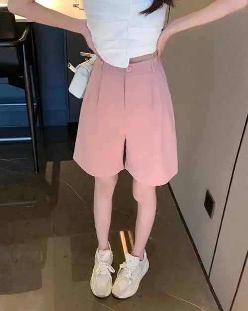 五分裤粉色裤子西装裤女直筒裤夏季宽松阔腿裤高腰休闲裤中裤短裤