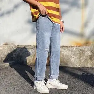 男士牛仔裤春夏季韩版潮流百搭直筒宽松破洞休闲裤子九分7101-p35