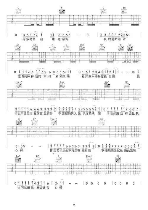 爱如潮水吉他谱张信哲c调高清六线谱