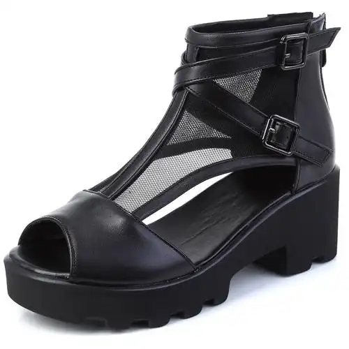 厚底坡跟鱼嘴凉鞋高帮女轻便真皮夏季网纱高跟时装凉鞋