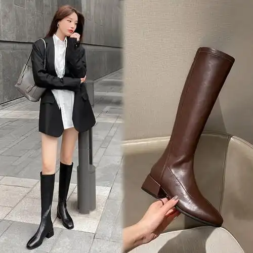 胖mm长筒靴女粗腿骑士靴高筒大筒围长靴子弹力显瘦方头春秋款棕色