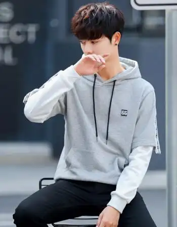 2018男装新款青少年外套男韩版潮流帅气袖套头卫衣文艺风学生上衣