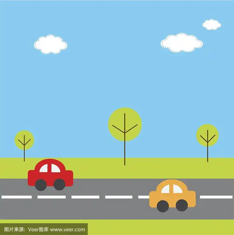 背景草,树木,道路和卡通汽车