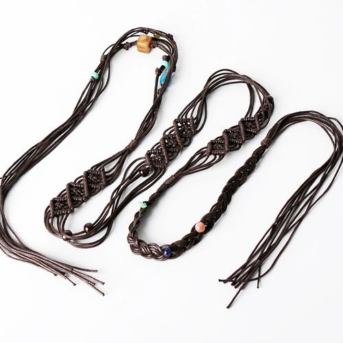 细款绳子收腰个性米白色系绳腰链编织加长民族风黑色棕色珠子镂空