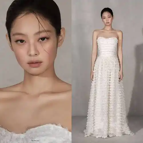 jennie穿羽毛抹胸裙大秀直角肩微醺妆氛围感拉满