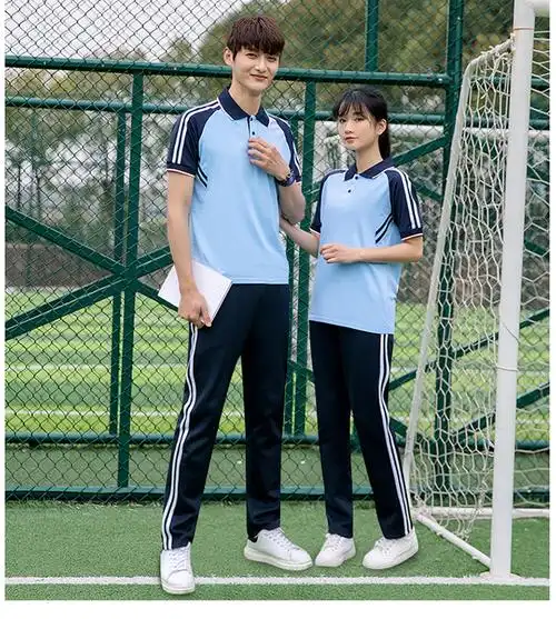 夏季短袖运动装校服套装夏装班服中学生初中生男女学院风深蓝色两条杠