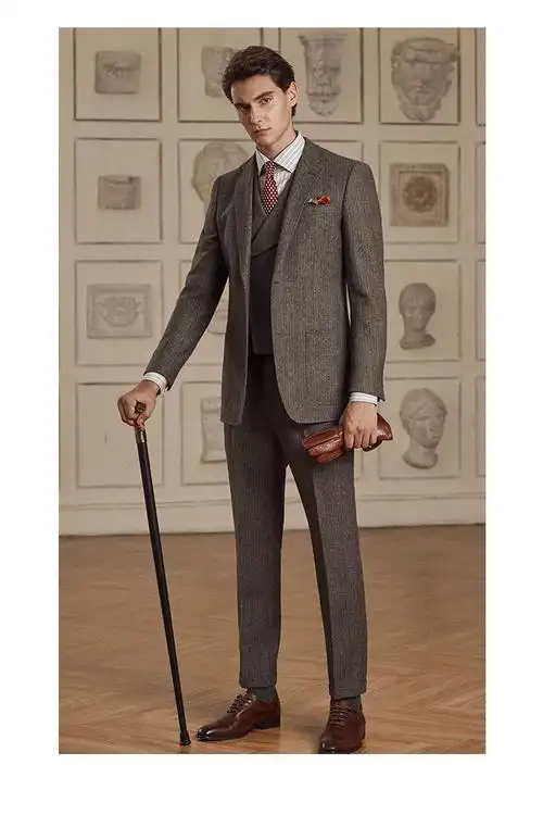 歌珀莱品牌男装西装男套装棕色羊毛复古英伦风礼服新郎